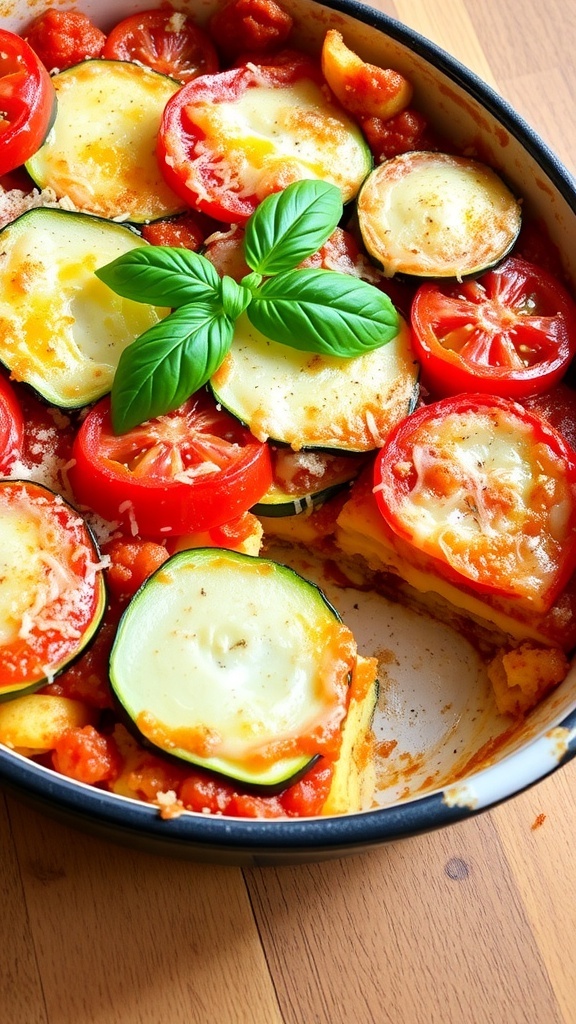 Baked zucchini and tomato casserole with melted cheese and fresh basil, served in a rustic dish.